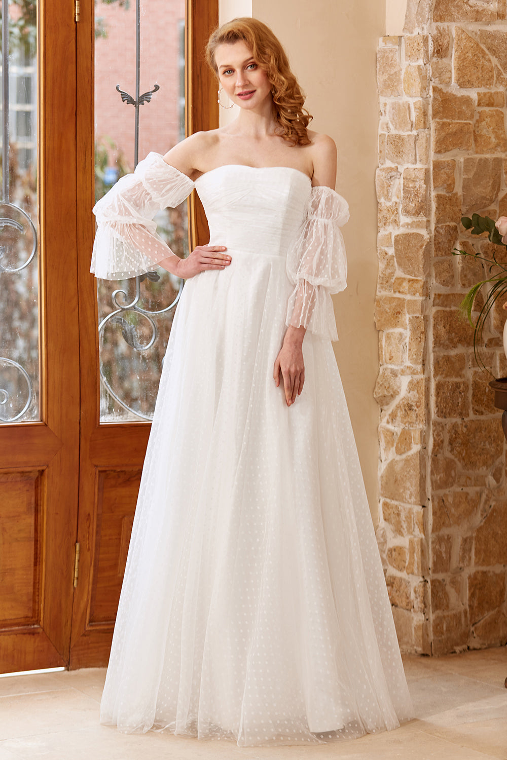 White Tulle Off Shoulder Wedding Dress