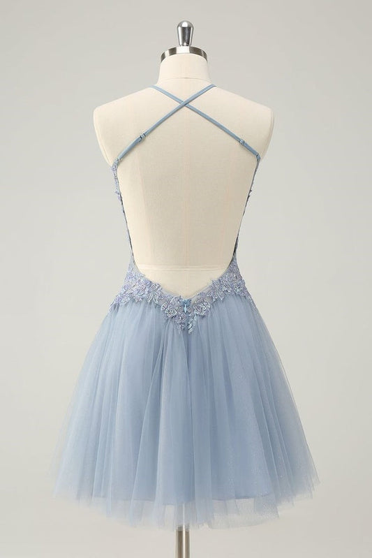 Sparkly Dusty Blue A Line Halter Gemmanovae Homecoming Dress with Appliques