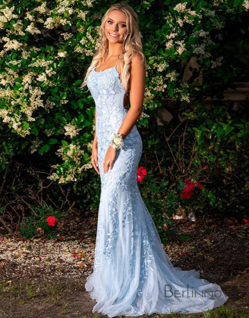 Mermaid Blue Long Prom Dress Backless Evening Dress