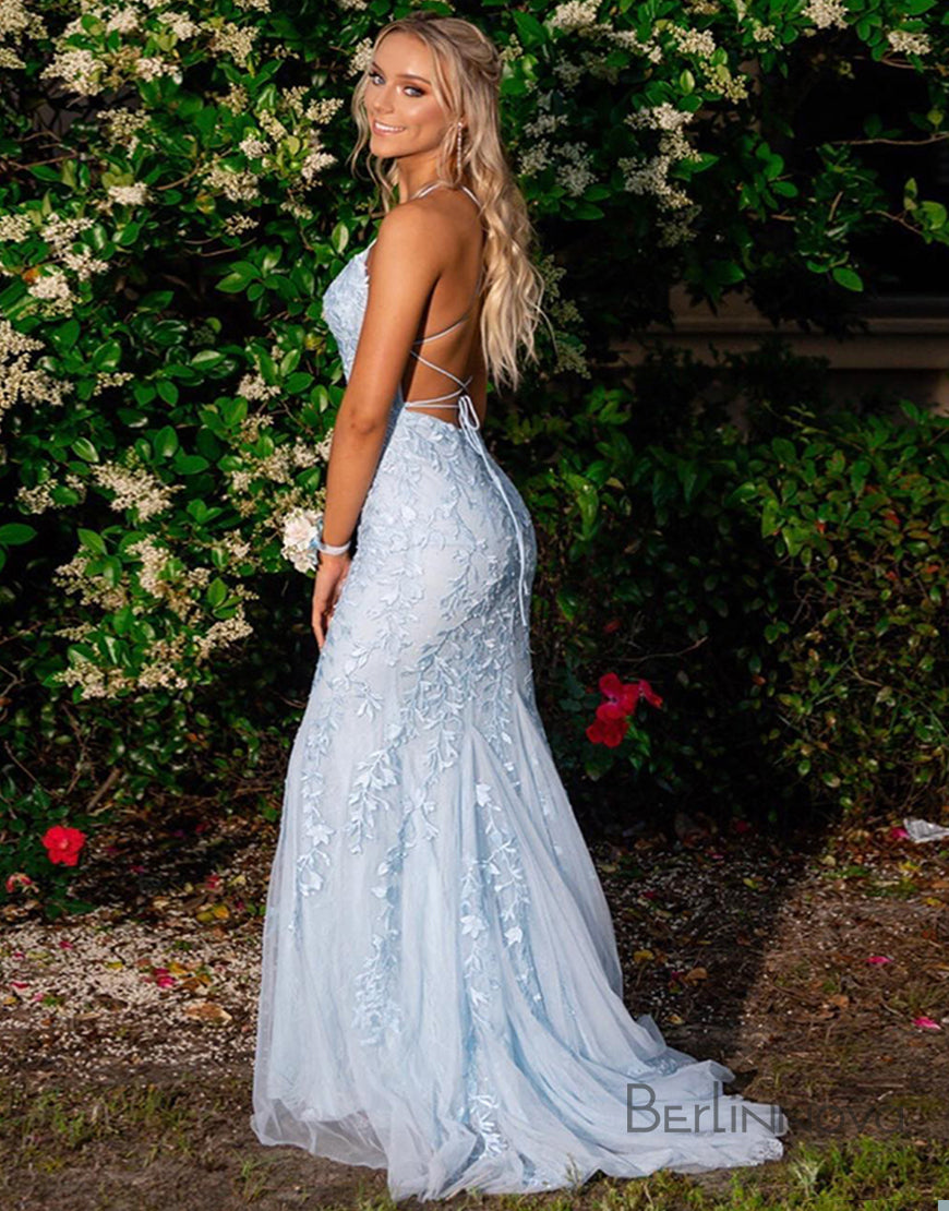 Mermaid Blue Long Prom Dress Backless Evening Dress