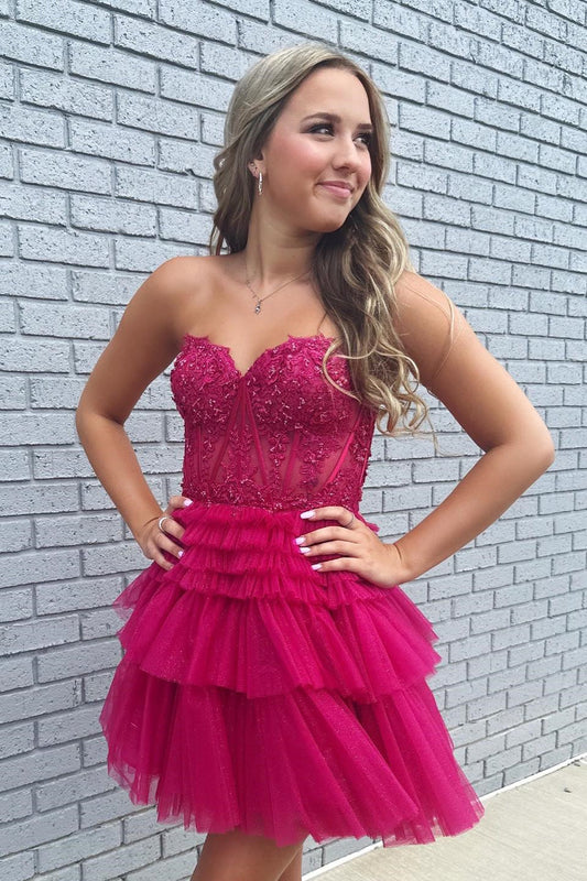 Gemmanovae Fuchsia Lace Applique Strapless Ruffled Short Homecoming Dresses