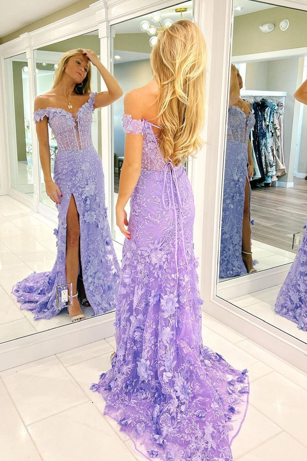 Gorgeous Lilac Mermaid off The Shoulder Lace Up Long Prom Dress With Appliqes