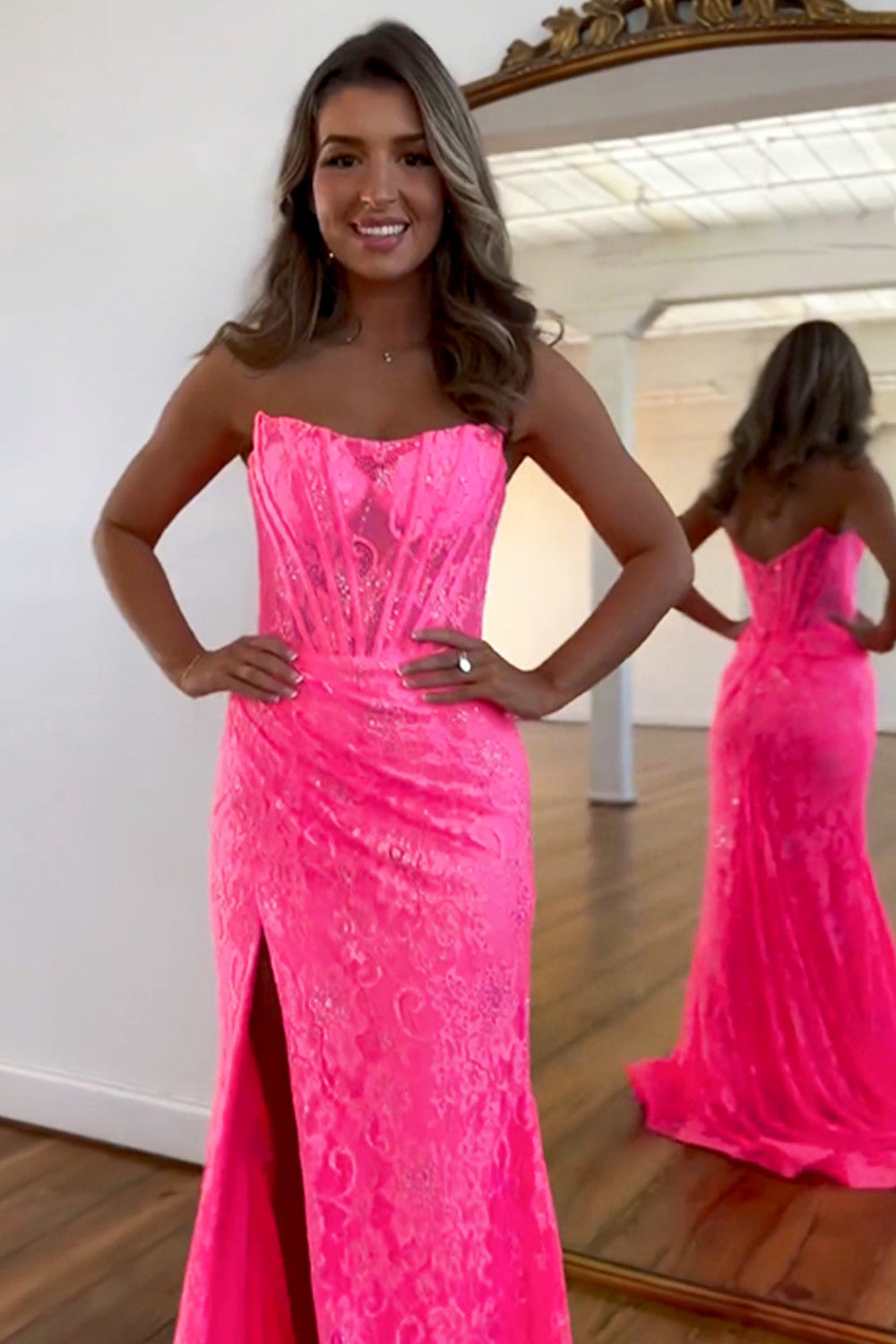 Gorgeous Mermaid Strapless Sweep Train Glitter Prom Dress With Slit