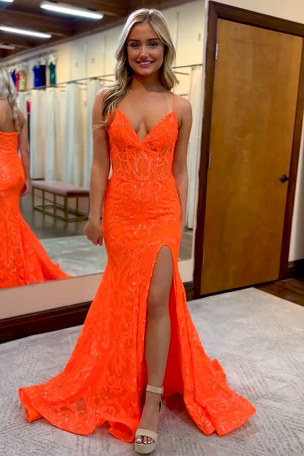 Gorgeous Sparkly Mermaid Spaghetti Straps Long Prom Dress With Slit