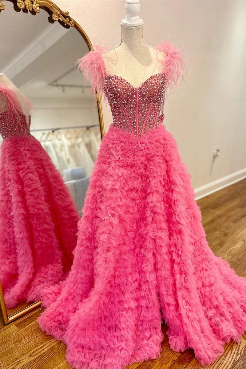 Pink Off-the-Shoulder Feathers Beaded A-line Ruffles Gemmanovae  Long Prom Dress with Slit