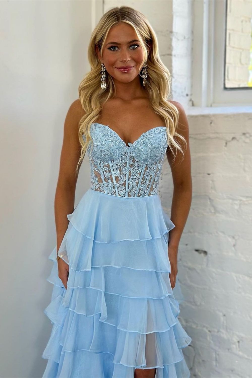 Light Blue Sweetheart Lace Up Long Tiered Chiffon Prom Dress With Slit