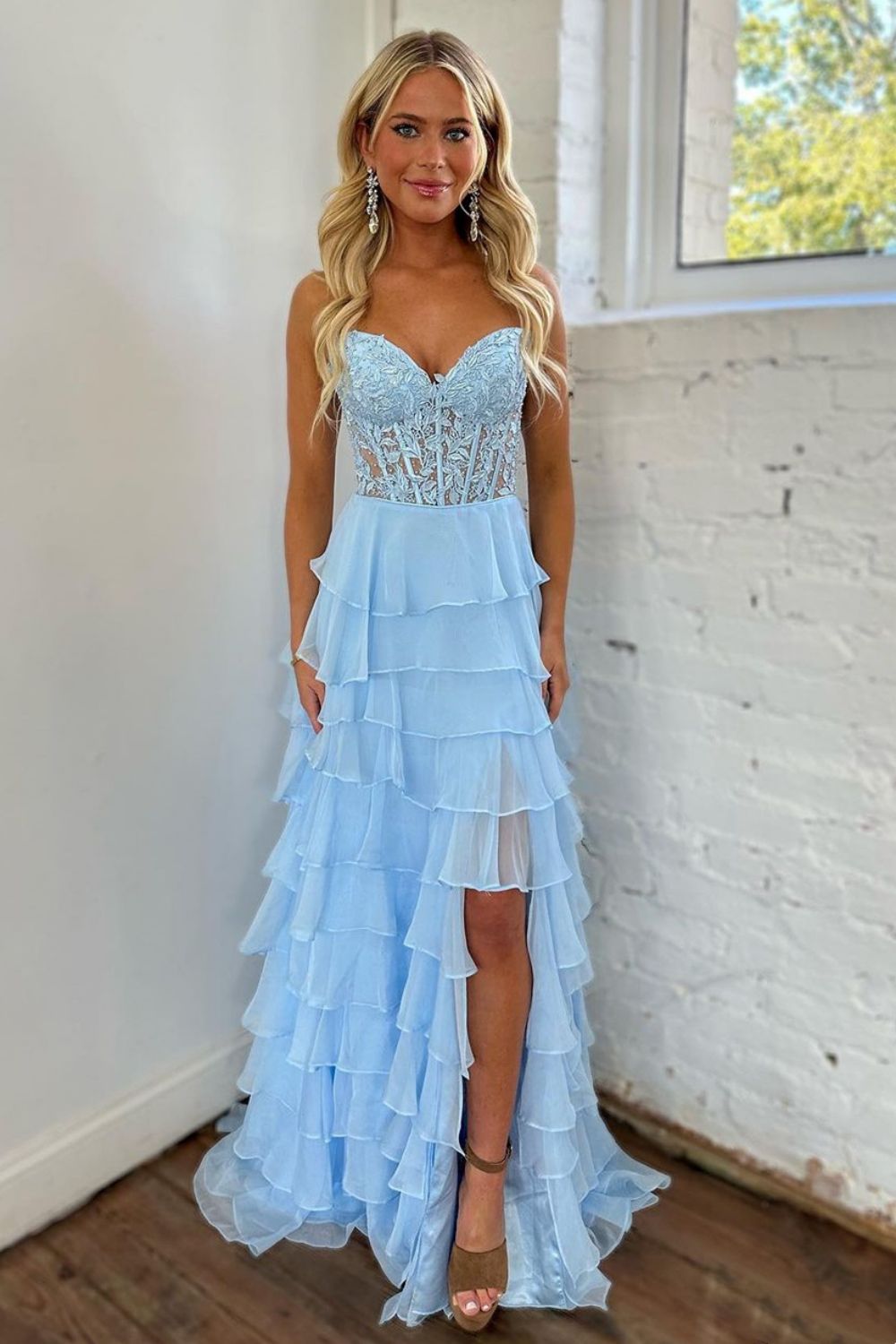 Light Blue Sweetheart Lace Up Long Tiered Chiffon Prom Dress With Slit