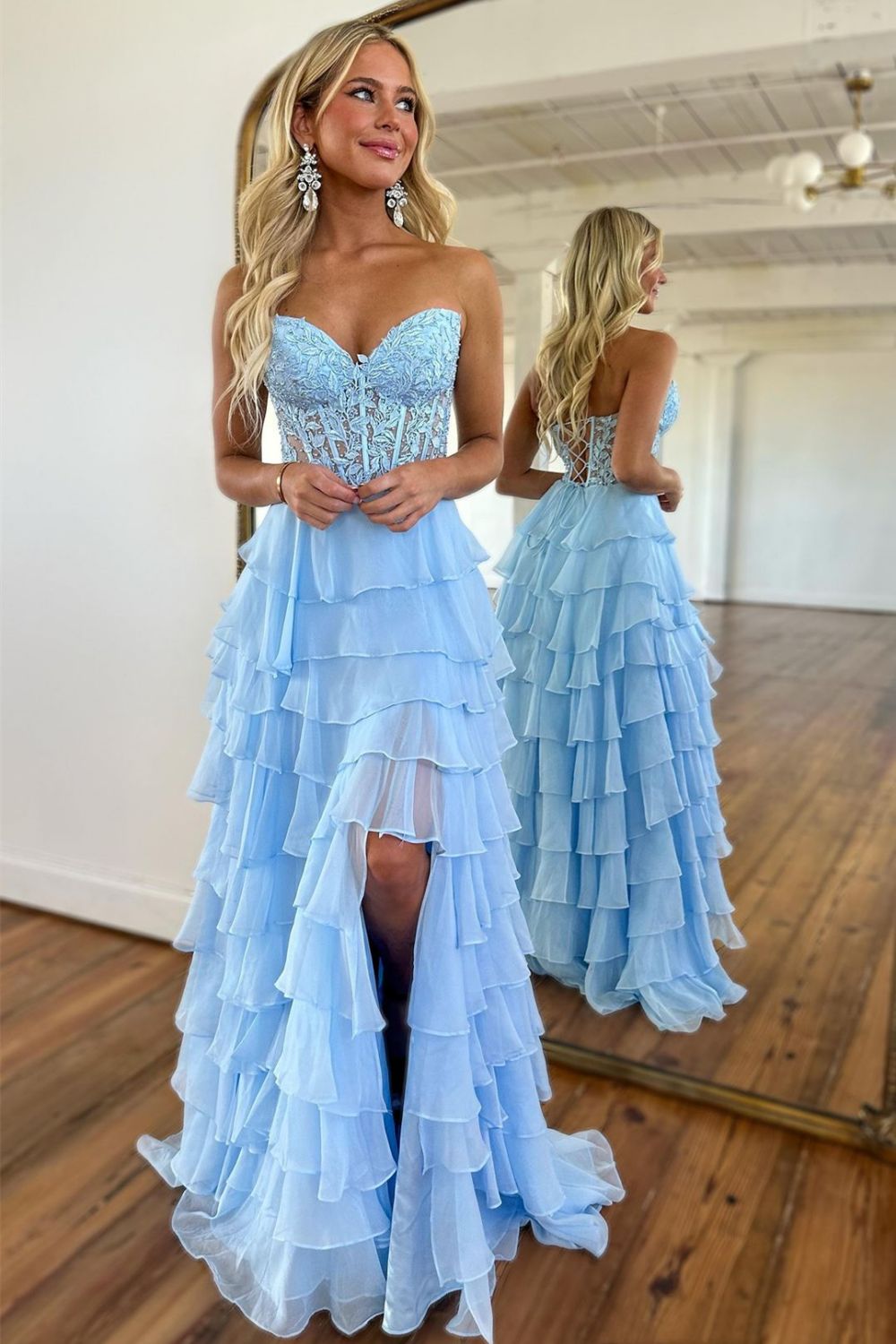 Light Blue Sweetheart Lace Up Long Tiered Chiffon Prom Dress With Slit