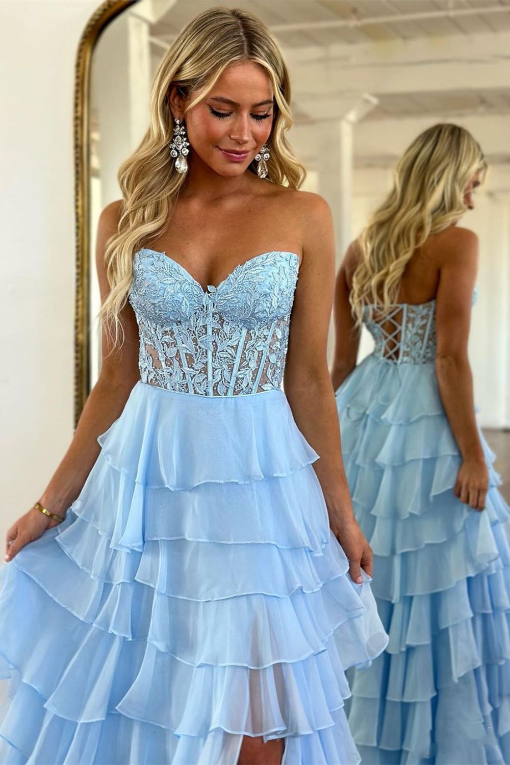 Light Blue Sweetheart Lace Up Long Tiered Chiffon Prom Dress With Slit