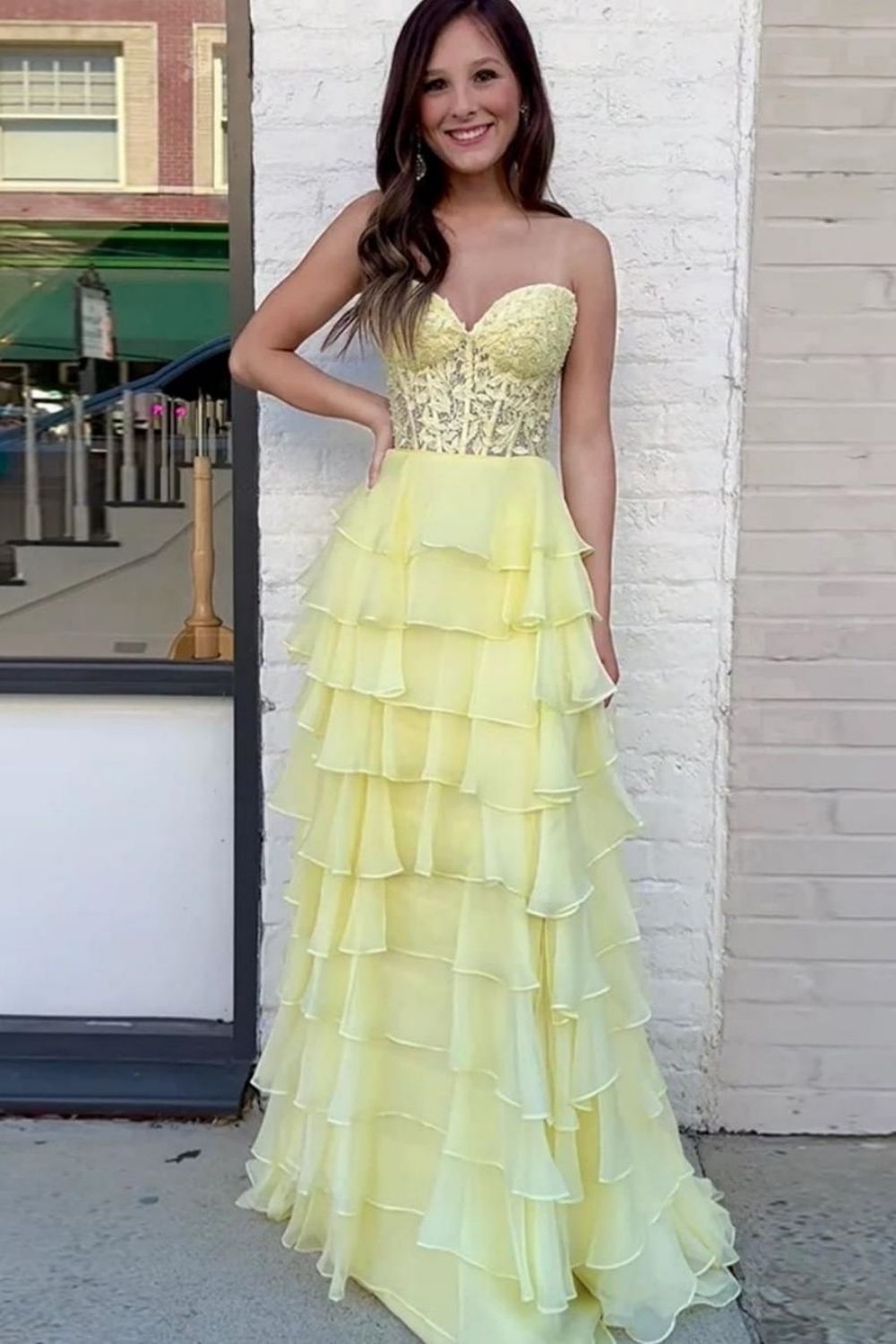 Light Blue Sweetheart Lace Up Long Tiered Chiffon Prom Dress With Slit