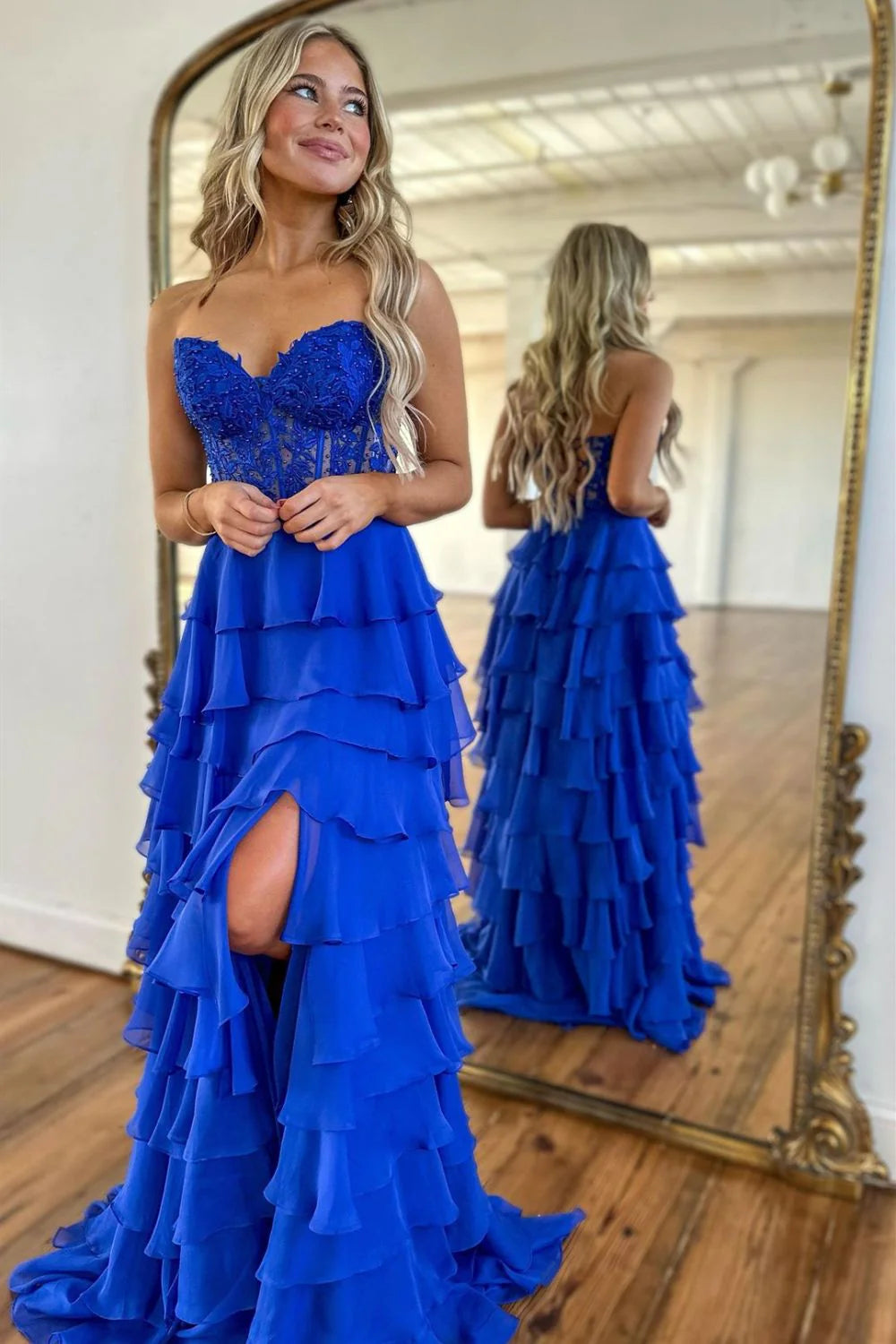 Light Blue Sweetheart Lace Up Long Tiered Chiffon Prom Dress With Slit