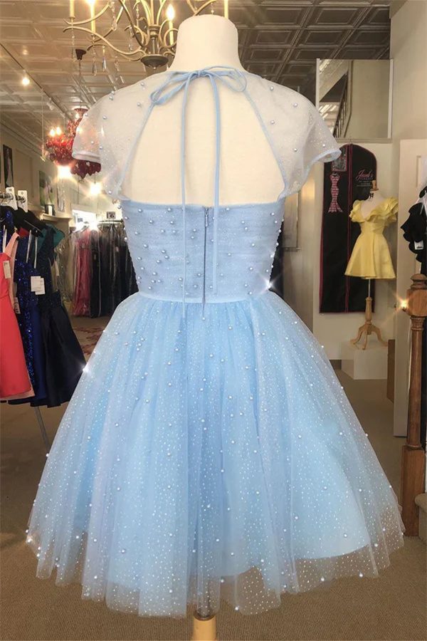 Light Blue Sparkly Short Sleeves Tulle Prom Dress Gemmanovae Homecoming Dress