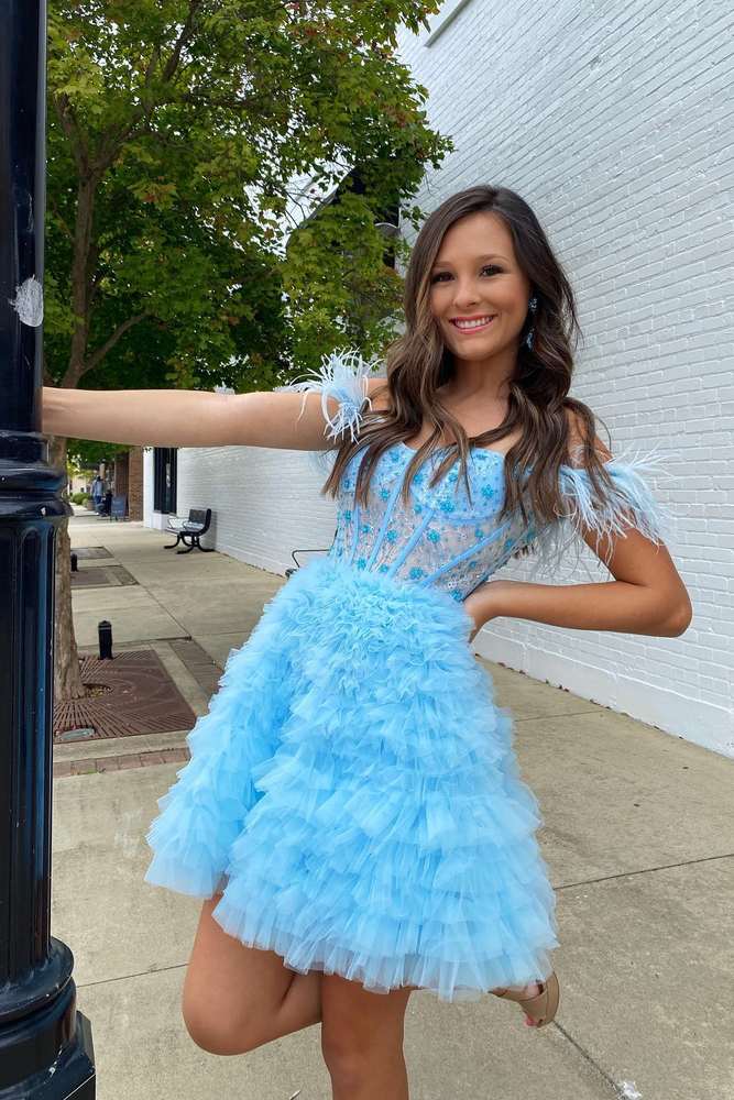 Light Blue Glitter V-neck Short Tulle Gemmanovae Homecoming Dress