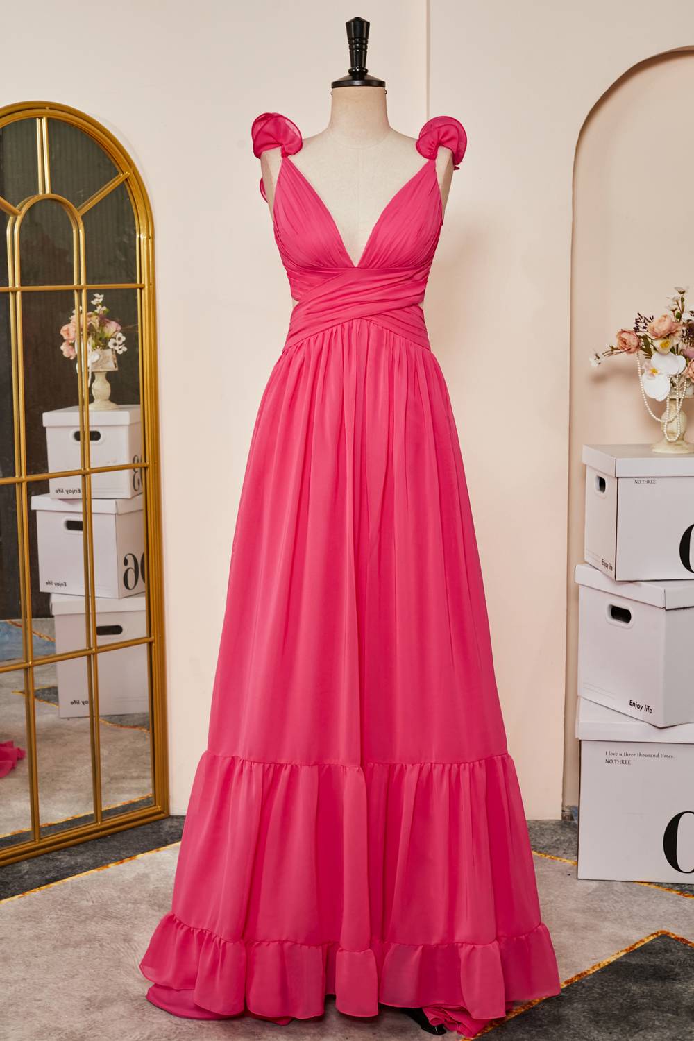 Rose Pink Ruffled Straps Lace-Up Plunging V Gemmanovae Long Prom Dress