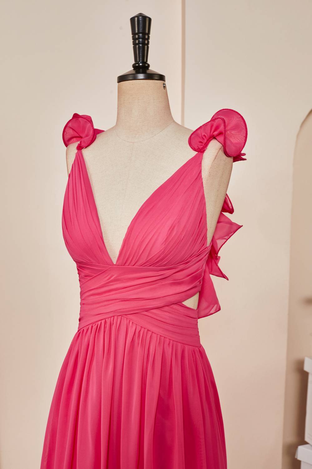 Rose Pink Ruffled Straps Lace-Up Plunging V Gemmanovae Long Prom Dress