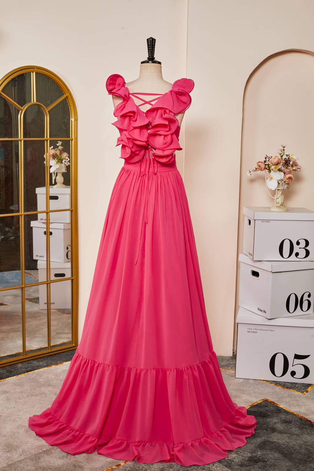 Rose Pink Ruffled Straps Lace-Up Plunging V Gemmanovae Long Prom Dress