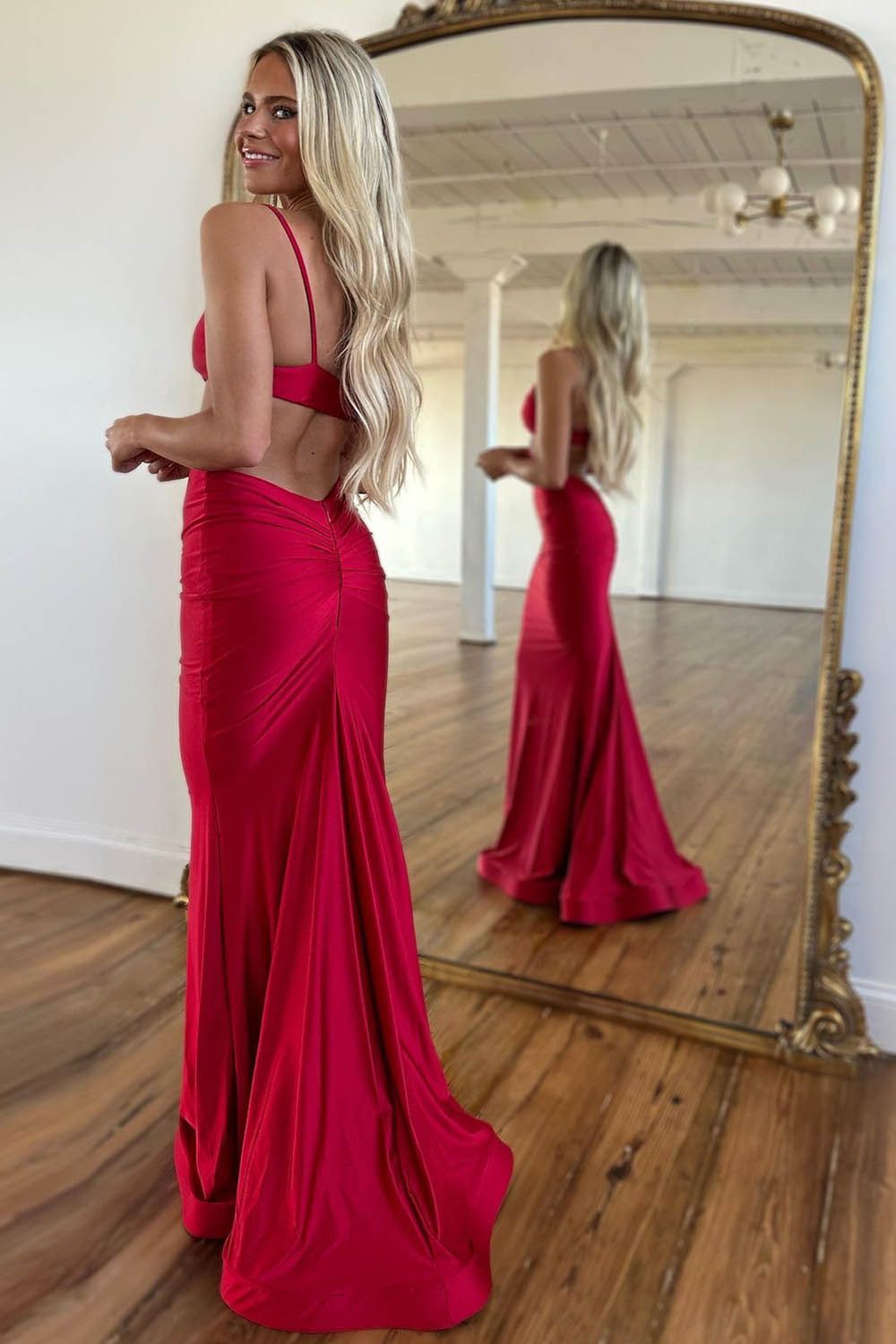 Sexy Red Spaghetti Straps Cutout Waist Long Mermaid Satin Prom Dress