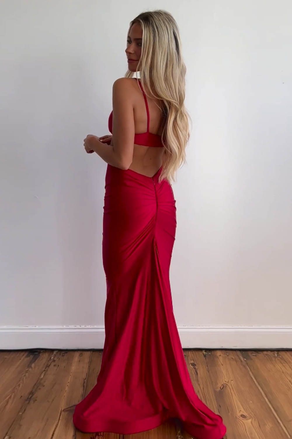 Sexy Red Spaghetti Straps Cutout Waist Long Mermaid Satin Prom Dress