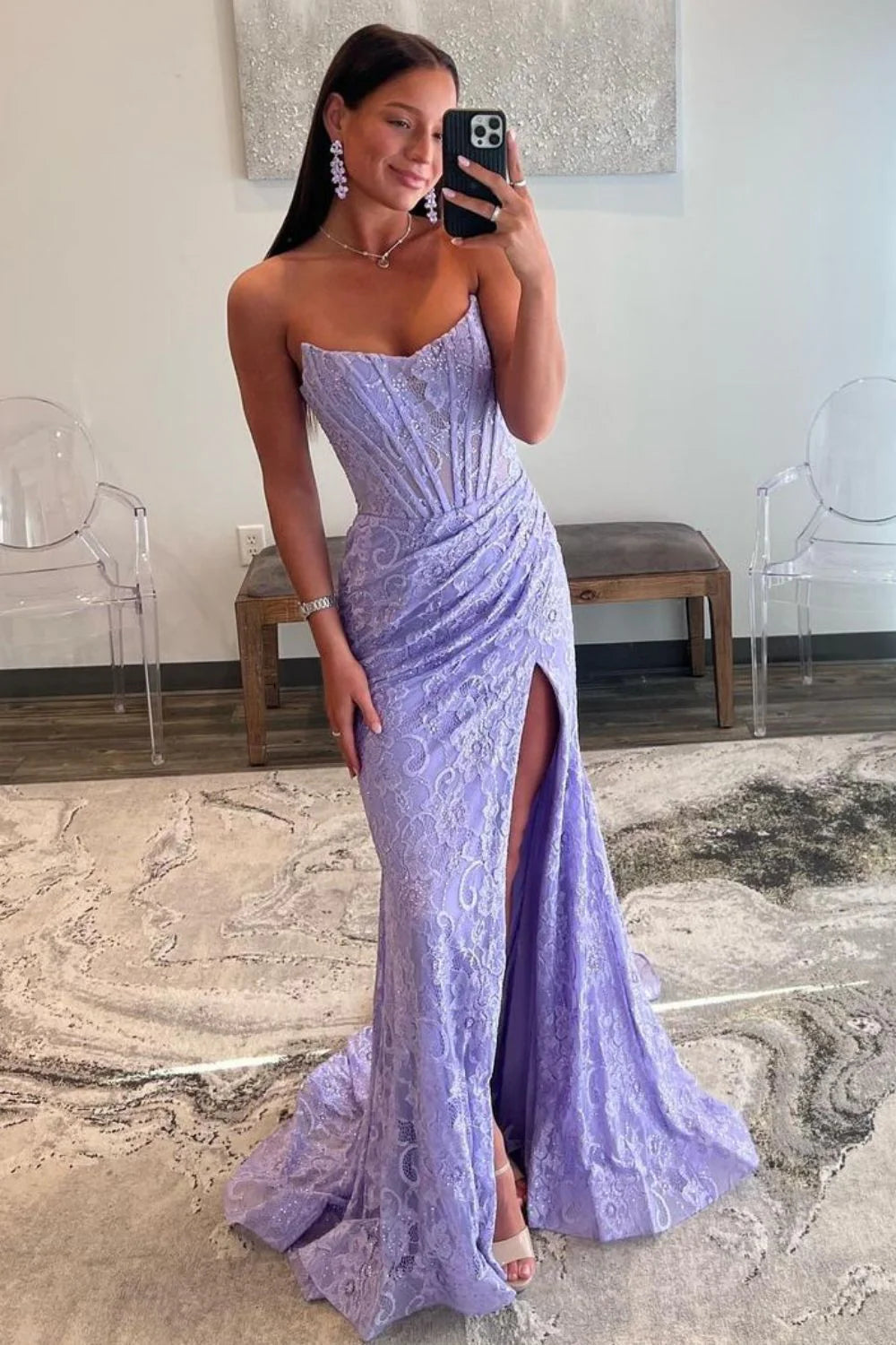 Gorgeous Mermaid Strapless Sweep Train Glitter Prom Dress With Slit