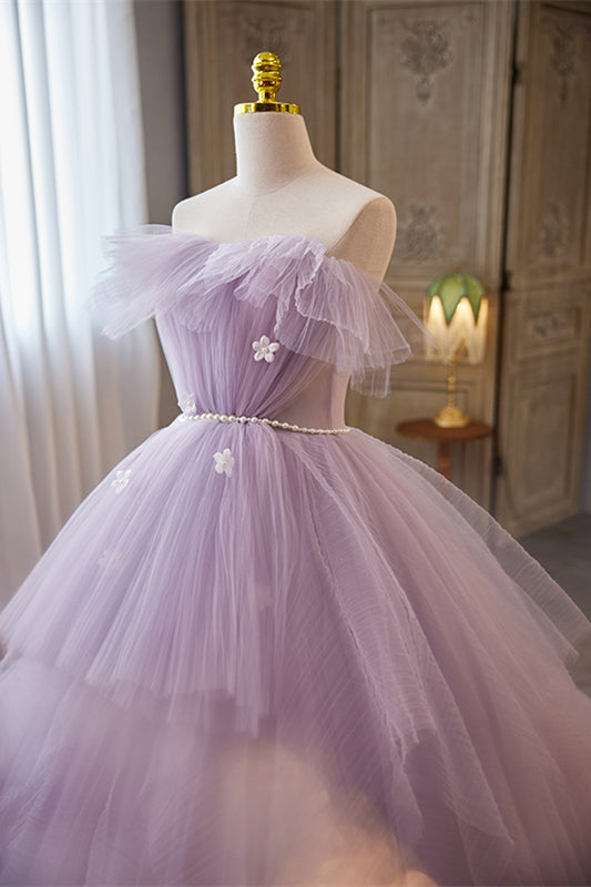 Lavender Ruffled Strapless Floral Applique Gemmanovae Long Prom Dress with Pearl Sash