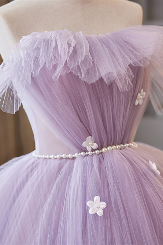 Lavender Ruffled Strapless Floral Applique Gemmanovae Long Prom Dress with Pearl Sash