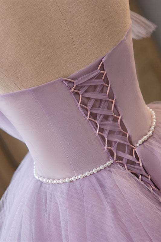 Lavender Ruffled Strapless Floral Applique Gemmanovae Long Prom Dress with Pearl Sash