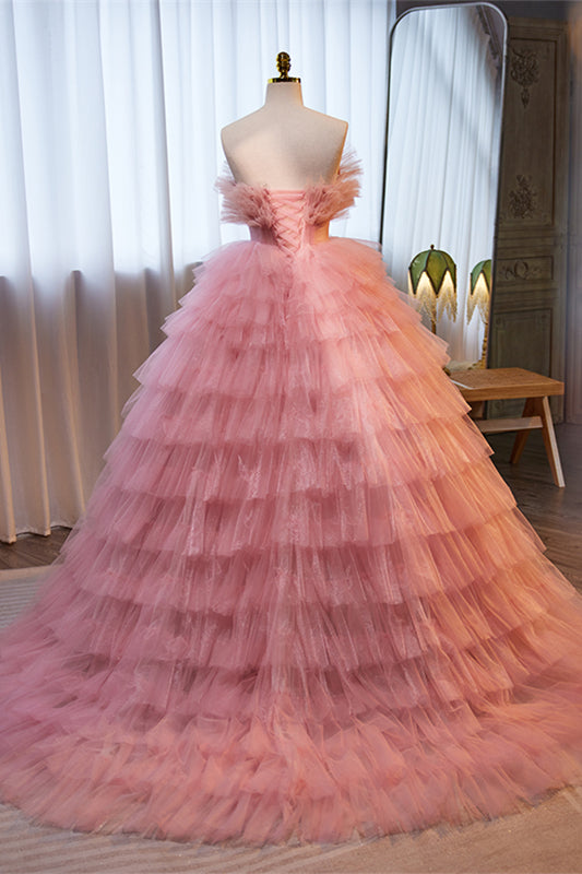 Pink Ruffled Strapless A-line Multi-Layers Gemmanovae Long Prom Dress