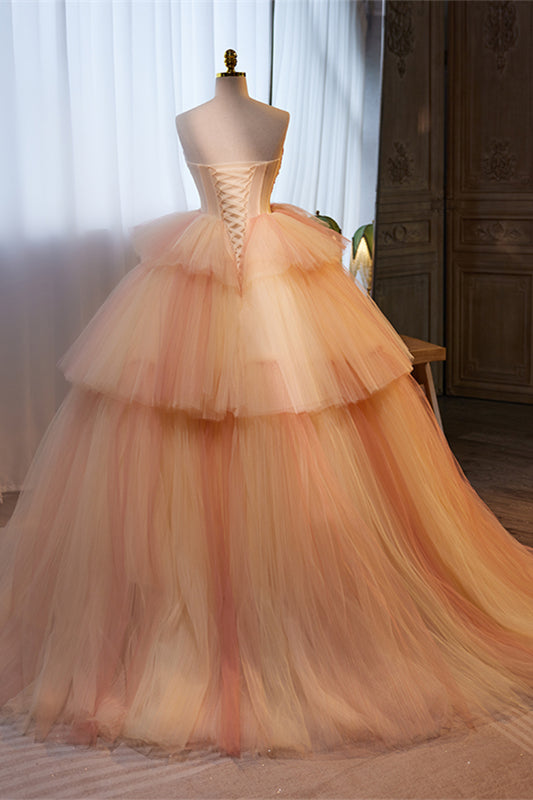 Light Orange Strapless A-line Multi-Layers Gemmanovae Long Prom Dress