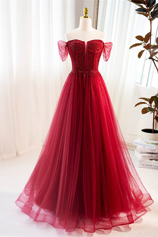 Red Off-Shoulder Beaded A-line Gemmanovae Tulle Long Prom Dress