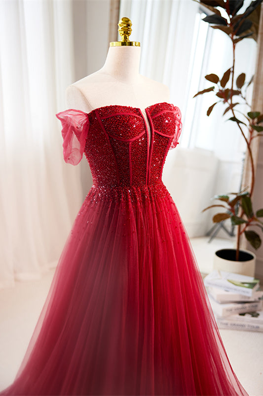 Red Off-Shoulder Beaded A-line Gemmanovae Tulle Long Prom Dress