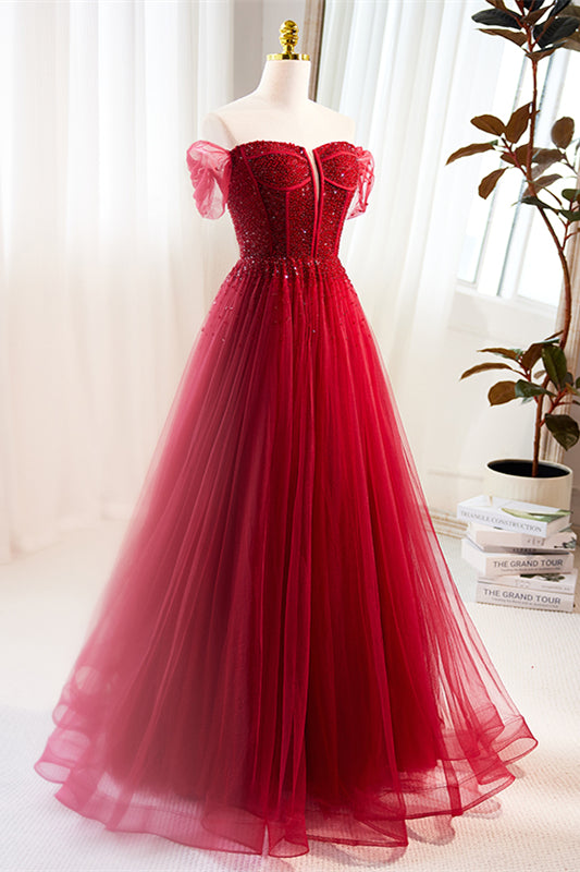 Red Off-Shoulder Beaded A-line Gemmanovae Tulle Long Prom Dress