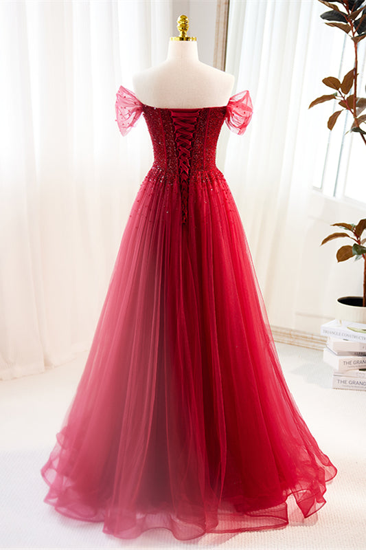 Red Off-Shoulder Beaded A-line Gemmanovae Tulle Long Prom Dress