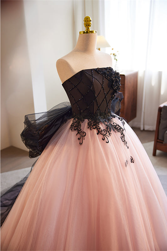 Pink A-line Strapless Black Top Floral Appliques Gemmanovae Long Prom Dress