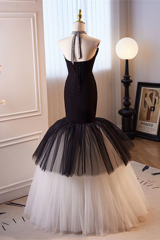 Gemmanovae  Black Halter Mermaid Tulle Long Prom Dress