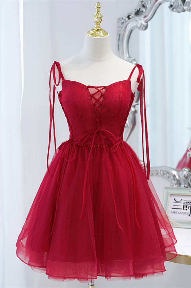 Wine Red Bow Tie Lace-Up Deep V Beaded Gemmanovae Homecoming Dress