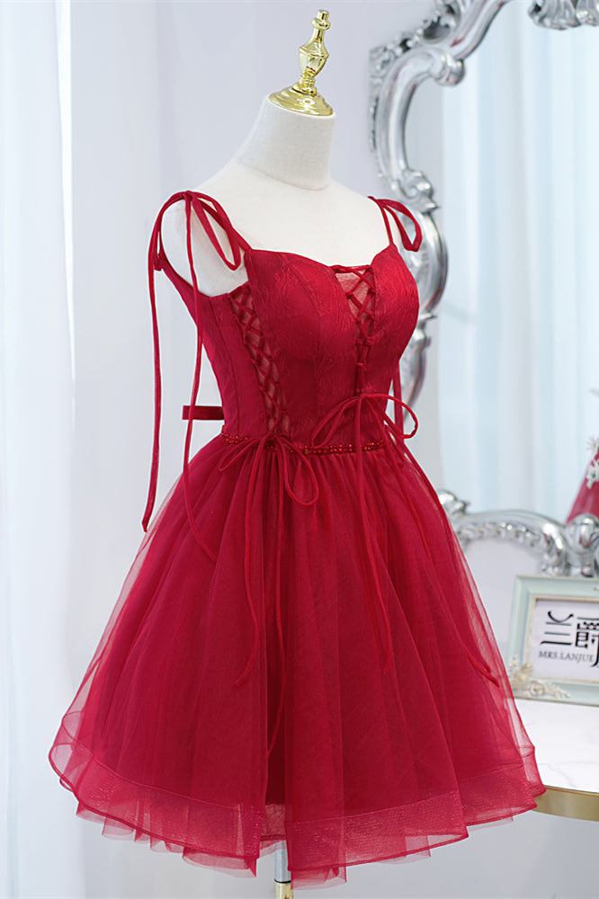 Wine Red Bow Tie Lace-Up Deep V Beaded Gemmanovae Homecoming Dress