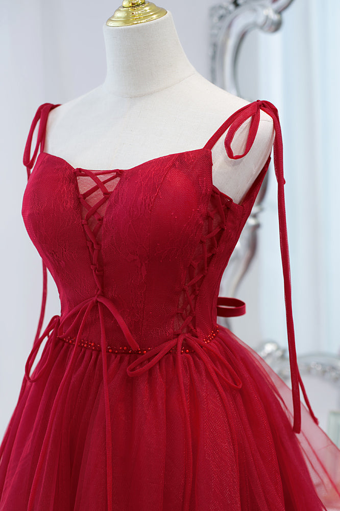 Wine Red Bow Tie Lace-Up Deep V Beaded Gemmanovae Homecoming Dress