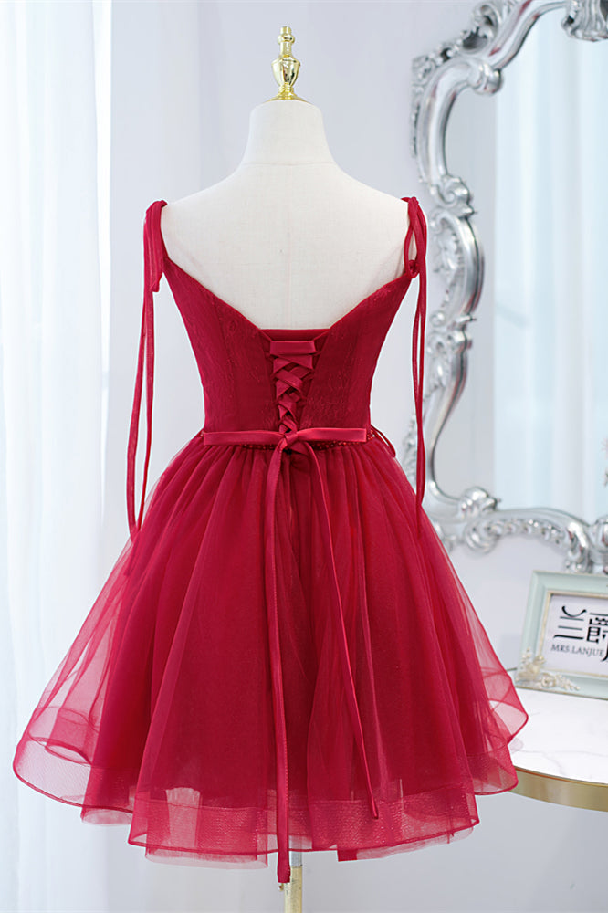 Wine Red Bow Tie Lace-Up Deep V Beaded Gemmanovae Homecoming Dress