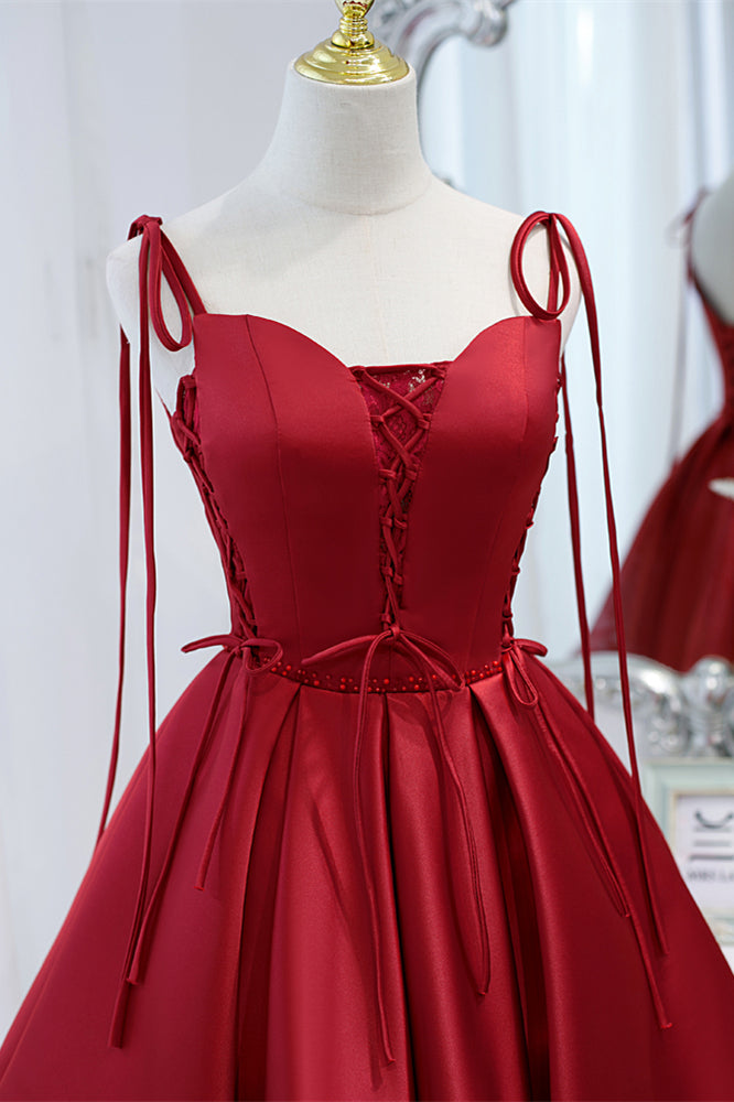 Wine Red Bow Tie Lace-Up Deep V Beaded Gemmanovae Homecoming Dress