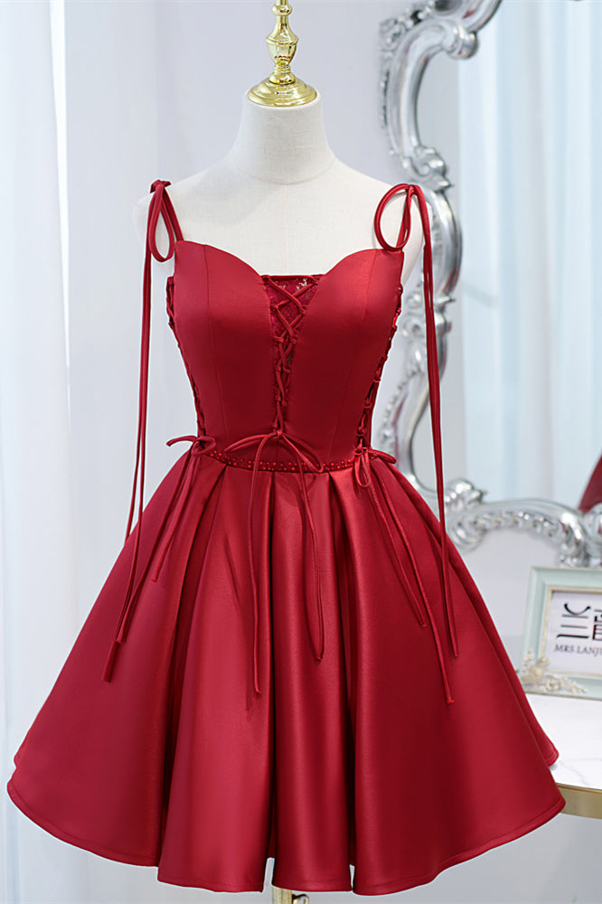 Wine Red Bow Tie Lace-Up Deep V Beaded Gemmanovae Homecoming Dress