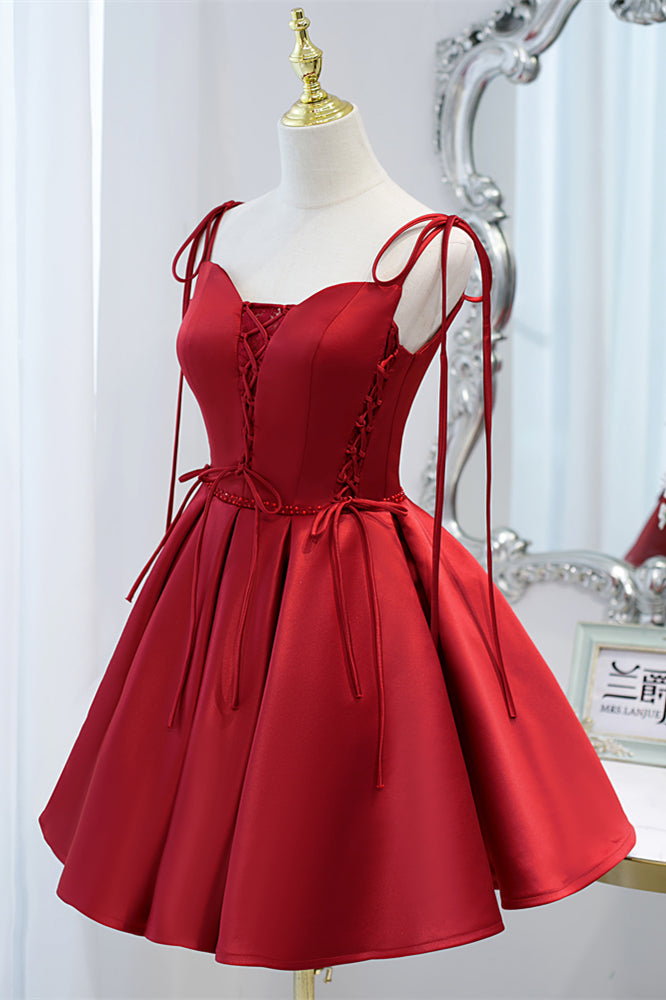 Wine Red Bow Tie Lace-Up Deep V Beaded Gemmanovae Homecoming Dress