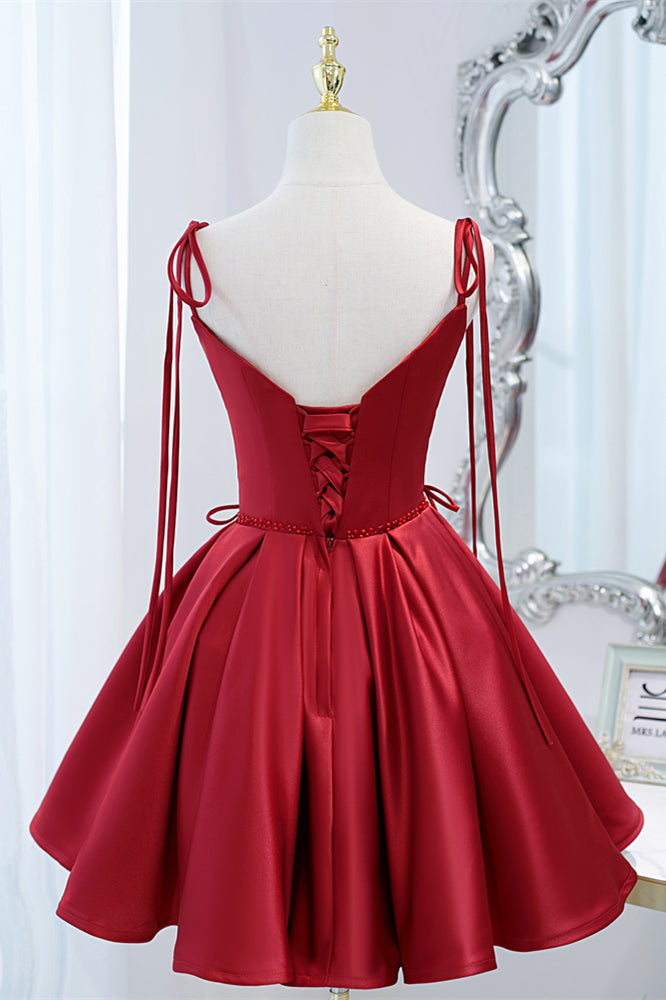 Wine Red Bow Tie Lace-Up Deep V Beaded Gemmanovae Homecoming Dress