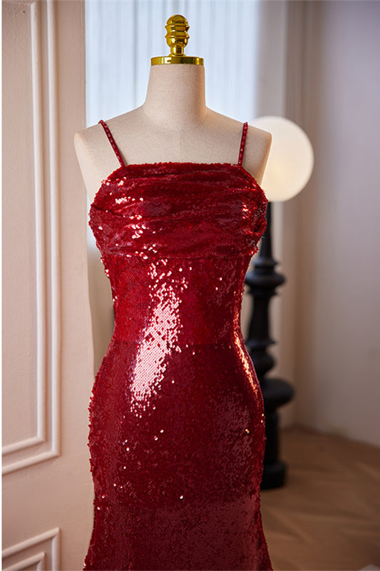 Red Sequins Mermaid Straps Lace-Up Gemmanovae Long Prom Dress