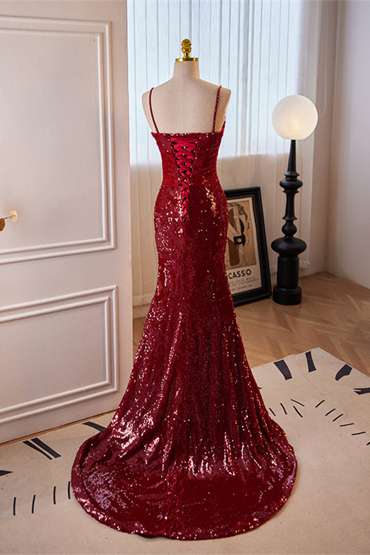 Red Sequins Mermaid Straps Lace-Up Gemmanovae Long Prom Dress