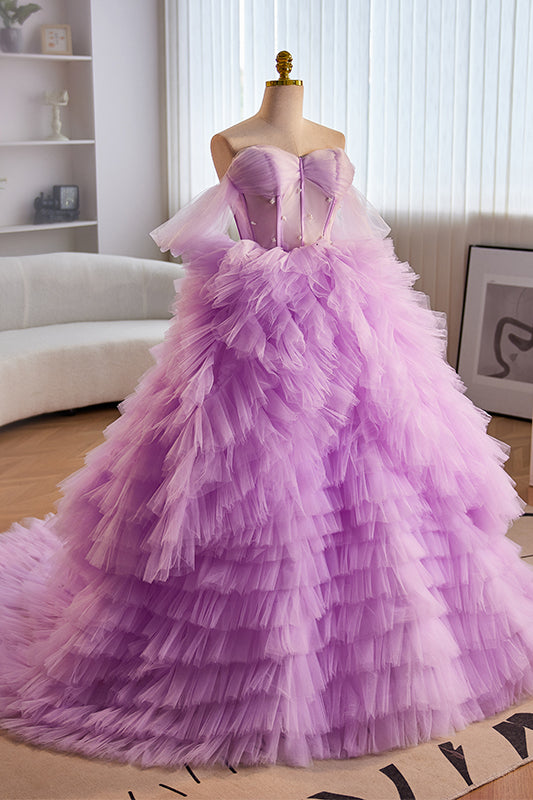 Lavender Off-Shoulder A-line Multi-Layers Gemmanovae Long Prom Dress