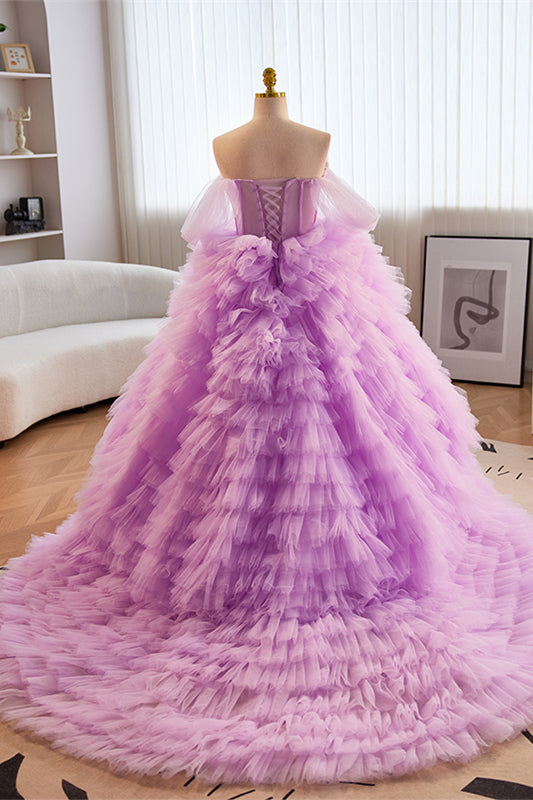 Lavender Off-Shoulder A-line Multi-Layers Gemmanovae Long Prom Dress