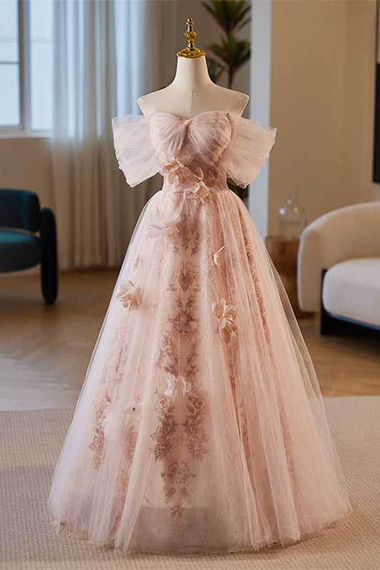 Pink Off-Shoulder A-line 3D Floral Applique Gemmanovae Tulle Long Prom Dress