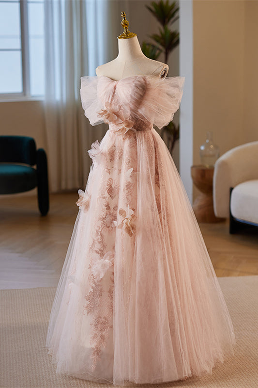 Pink Off-Shoulder A-line 3D Floral Applique Gemmanovae Tulle Long Prom Dress