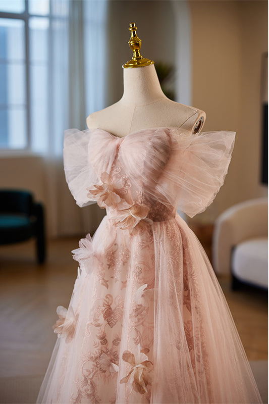 Pink Off-Shoulder A-line 3D Floral Applique Gemmanovae Tulle Long Prom Dress