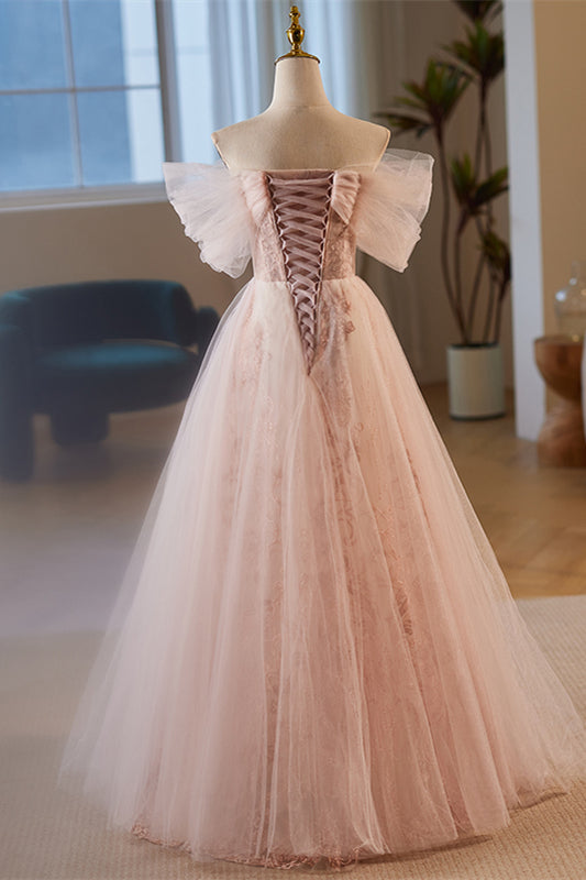 Pink Off-Shoulder A-line 3D Floral Applique Gemmanovae Tulle Long Prom Dress